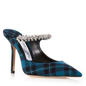 Jimmy Choo Bing 100 Mules Tartan Fabric Crystal Embellished Pointed Toe